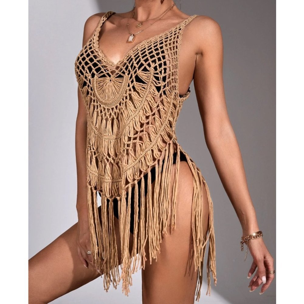 Beige Tan Knit Crochet Fringe Tassel Bikini Swimsuit Coverup Crop Tank Top‎ - Picture 4 of 7